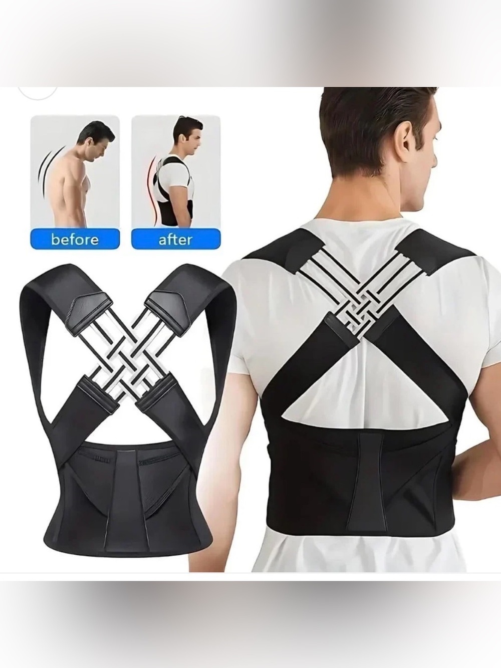 Unisex Black Posture Support Brace - Adjustable Back & Shoulder Corrector